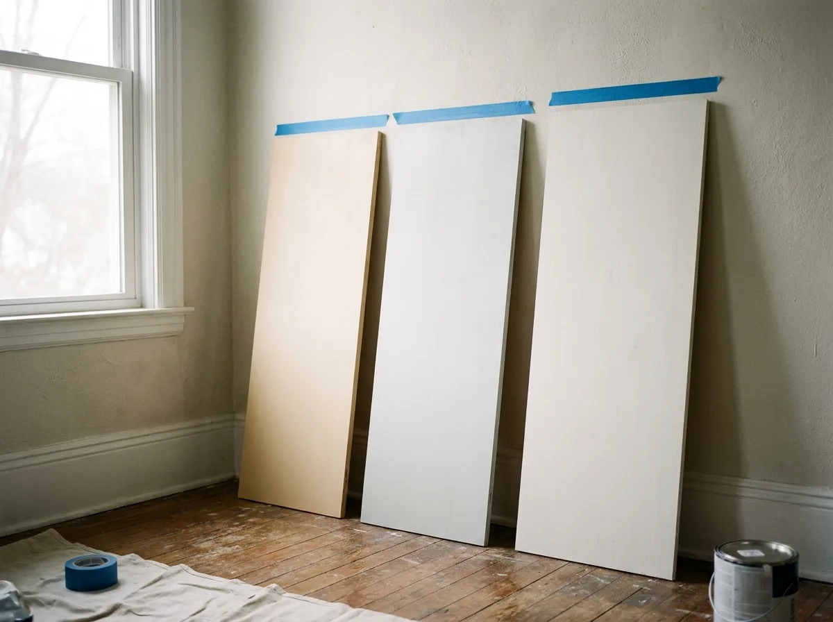 Three large white paint sample boards taped to a living room wall to compare undertones