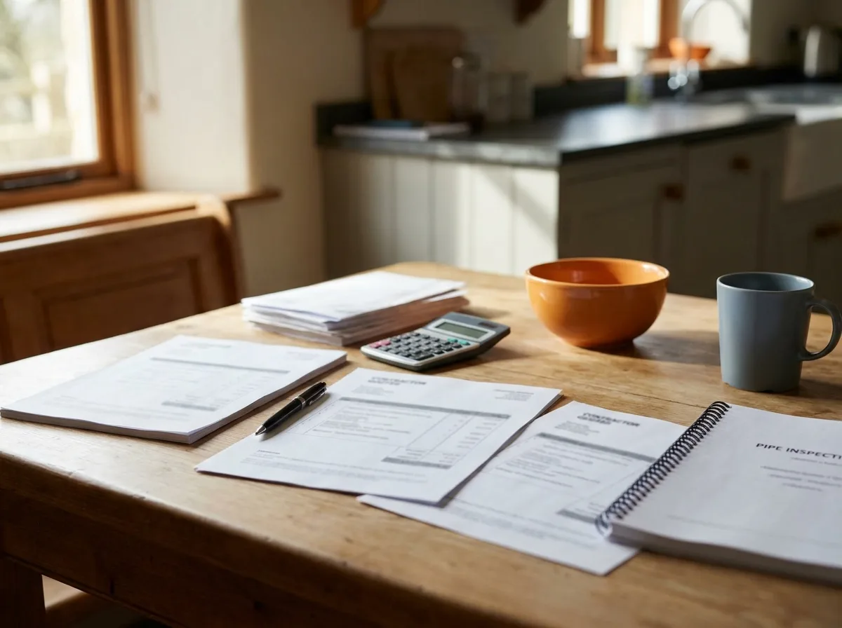 Three written contractor quotes and an inspection report spread on a table for comparison
