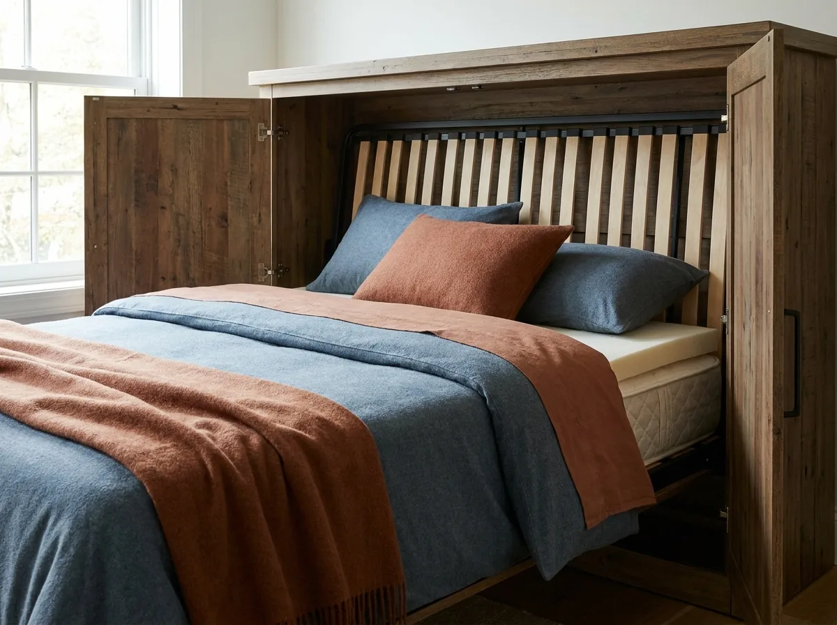 Tri-fold mattress on the slatted frame of an open murphy bed cabinet