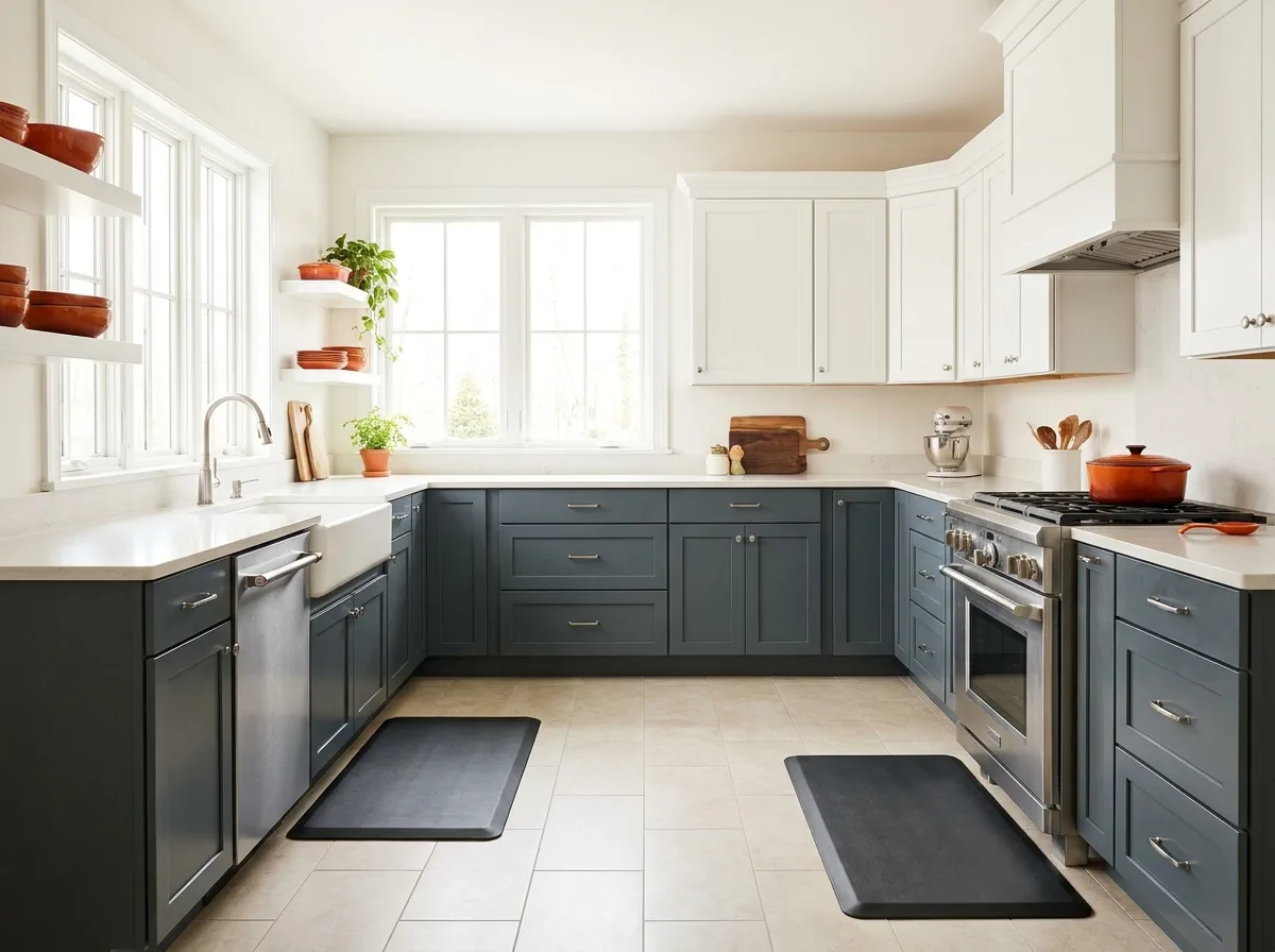 Two kitchen mats placed at the sink and range in an L-shaped kitchen