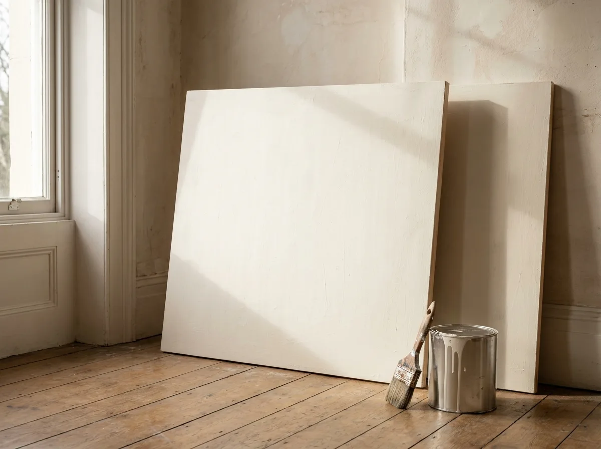 Two large white paint sample boards leaning against a wall beside a window