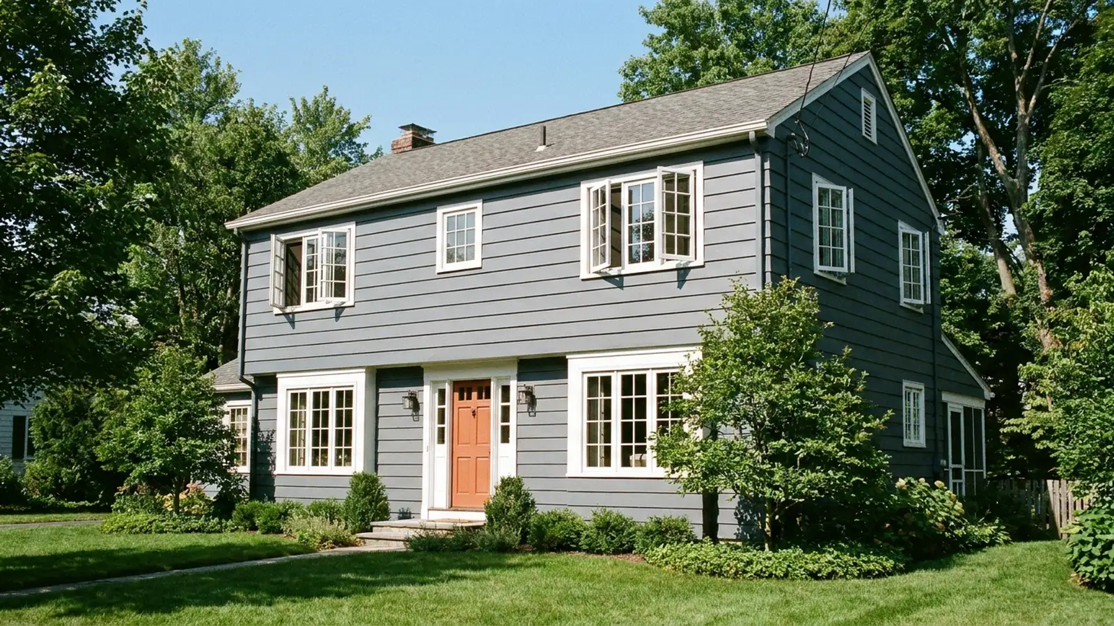 Two-story gray home with white casement windows and a terracotta front door