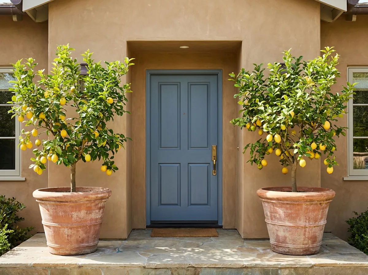 Two terracotta potted lemon trees flanking a front door in soft daylight