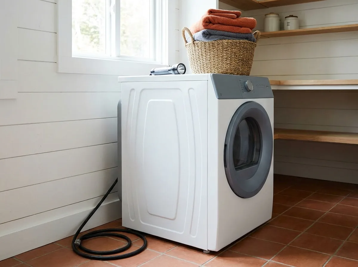 Unplugged dryer pulled away from the wall with its cord on the floor
