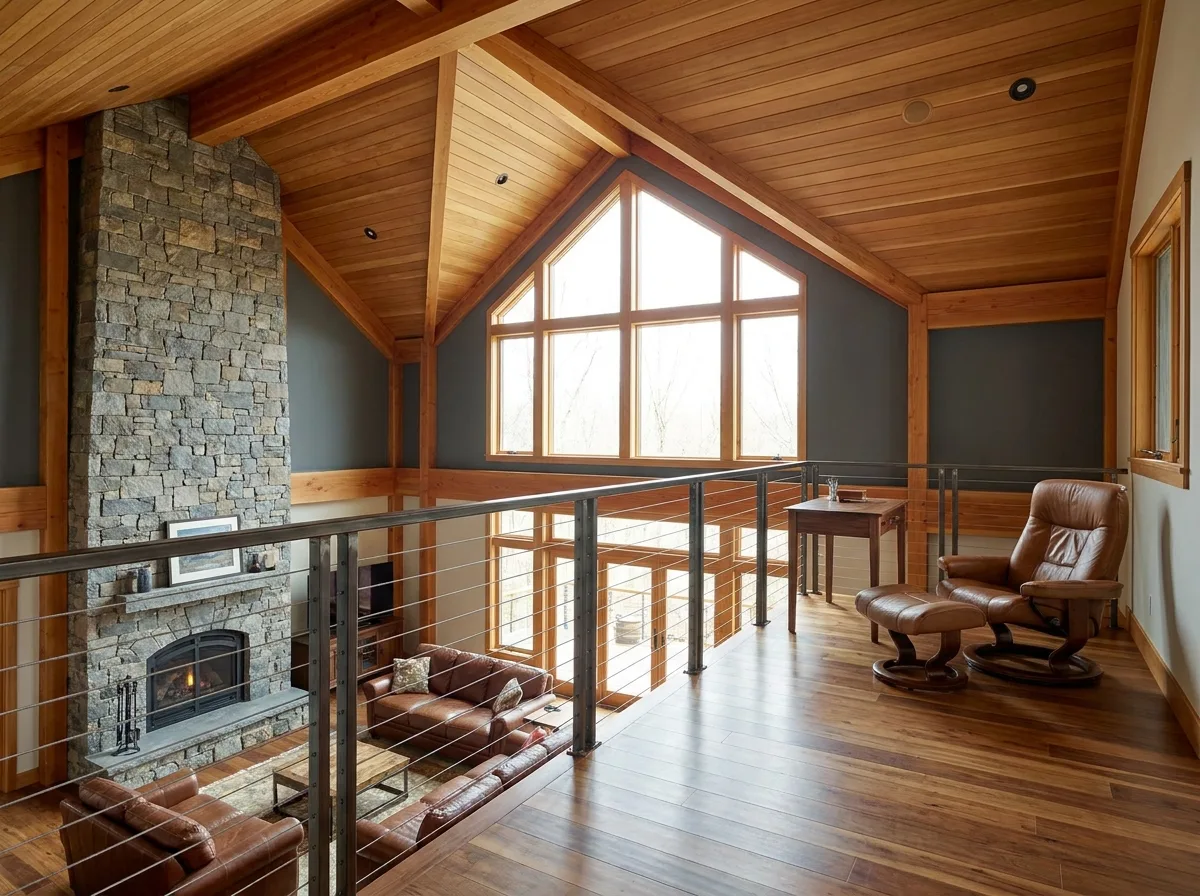 Upper-level loft in a house open to the vaulted living room below