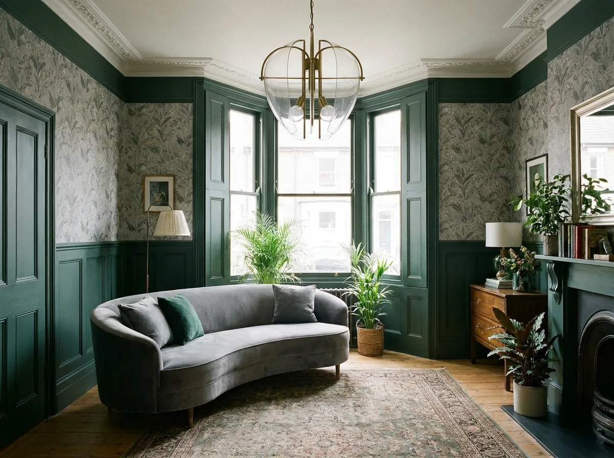 Victorian living room with deep green paneling, patterned wallpaper and a modern grey sofa