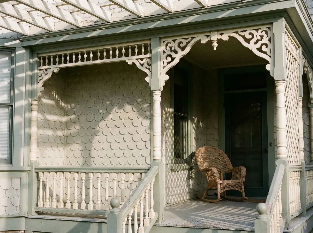 Victorian revival porch with wooden brackets, spindles and fish-scale shingles in a modern Victorian house