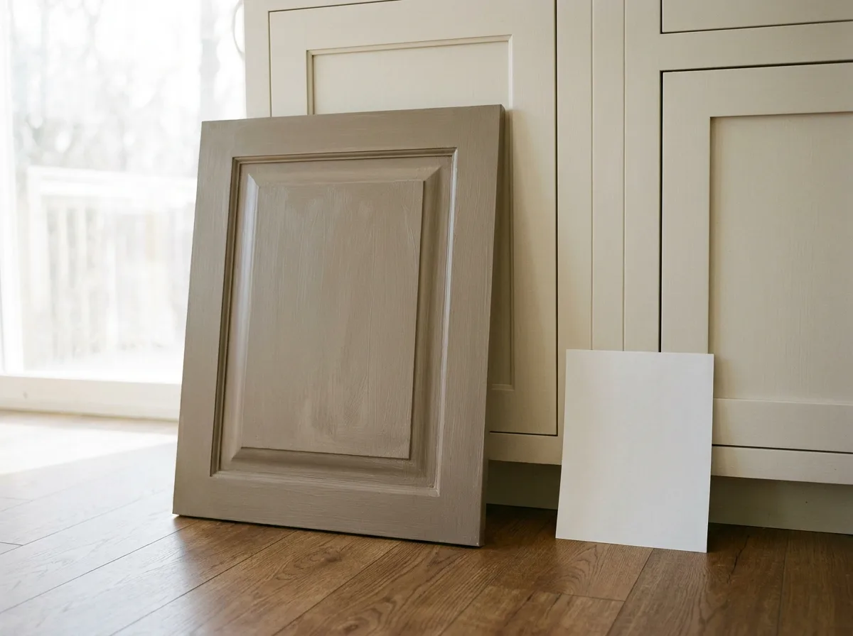 Warm gray painted sample door and white paper leaning against kitchen cabinets above an oak floor