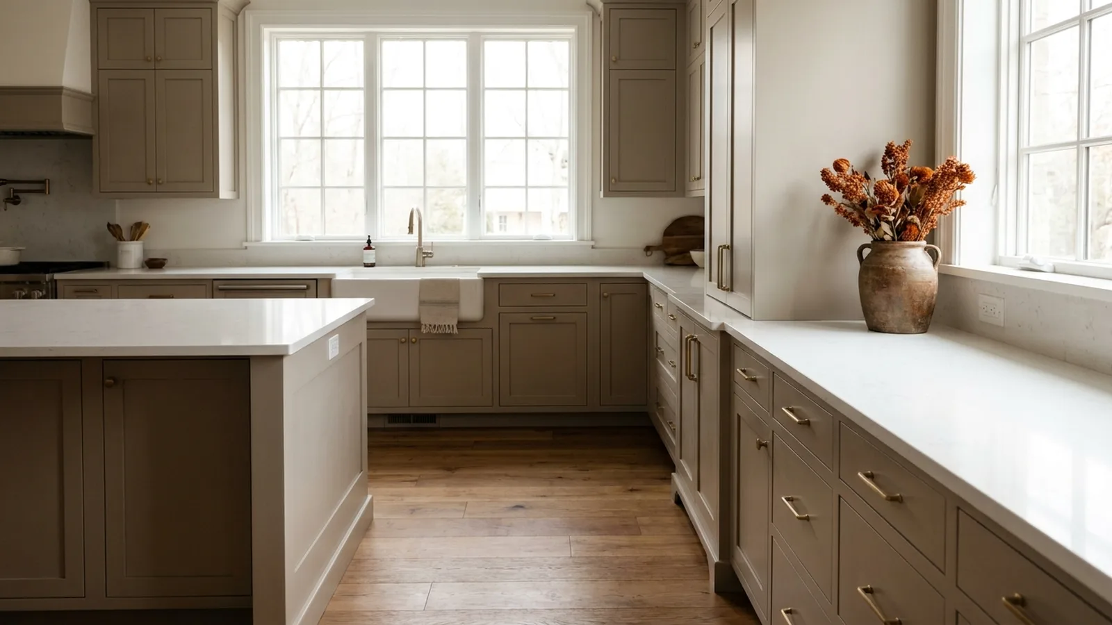 Warm greige gray kitchen cabinets with white quartz counters and an oak floor in a sunlit kitchen