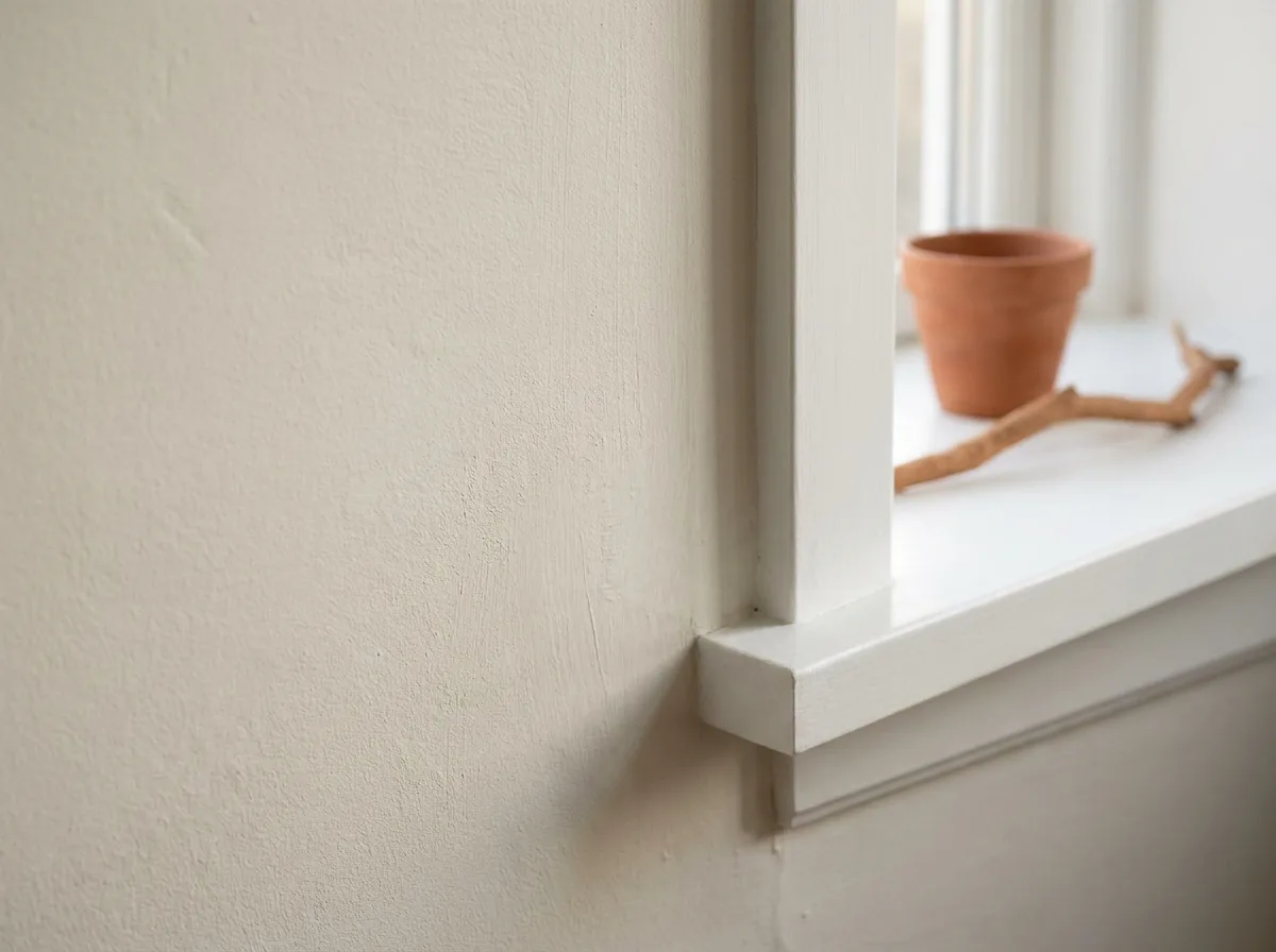 Warm off-white wall meeting crisp white trim beside a sunny window