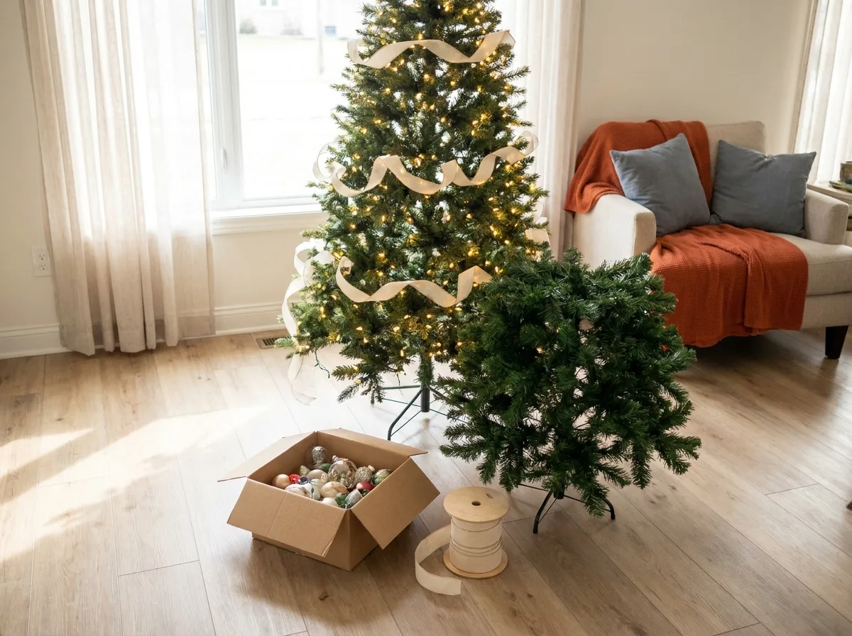 Warm white lights and wired cream ribbon wrapped on a half-decorated Christmas tree