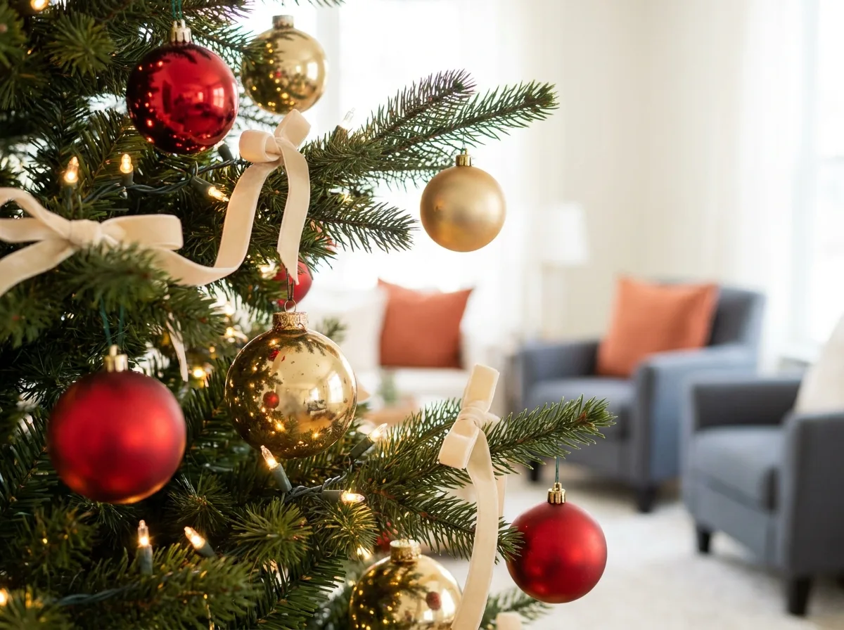 Warm white lights glowing around red and gold christmas tree decorations in close-up