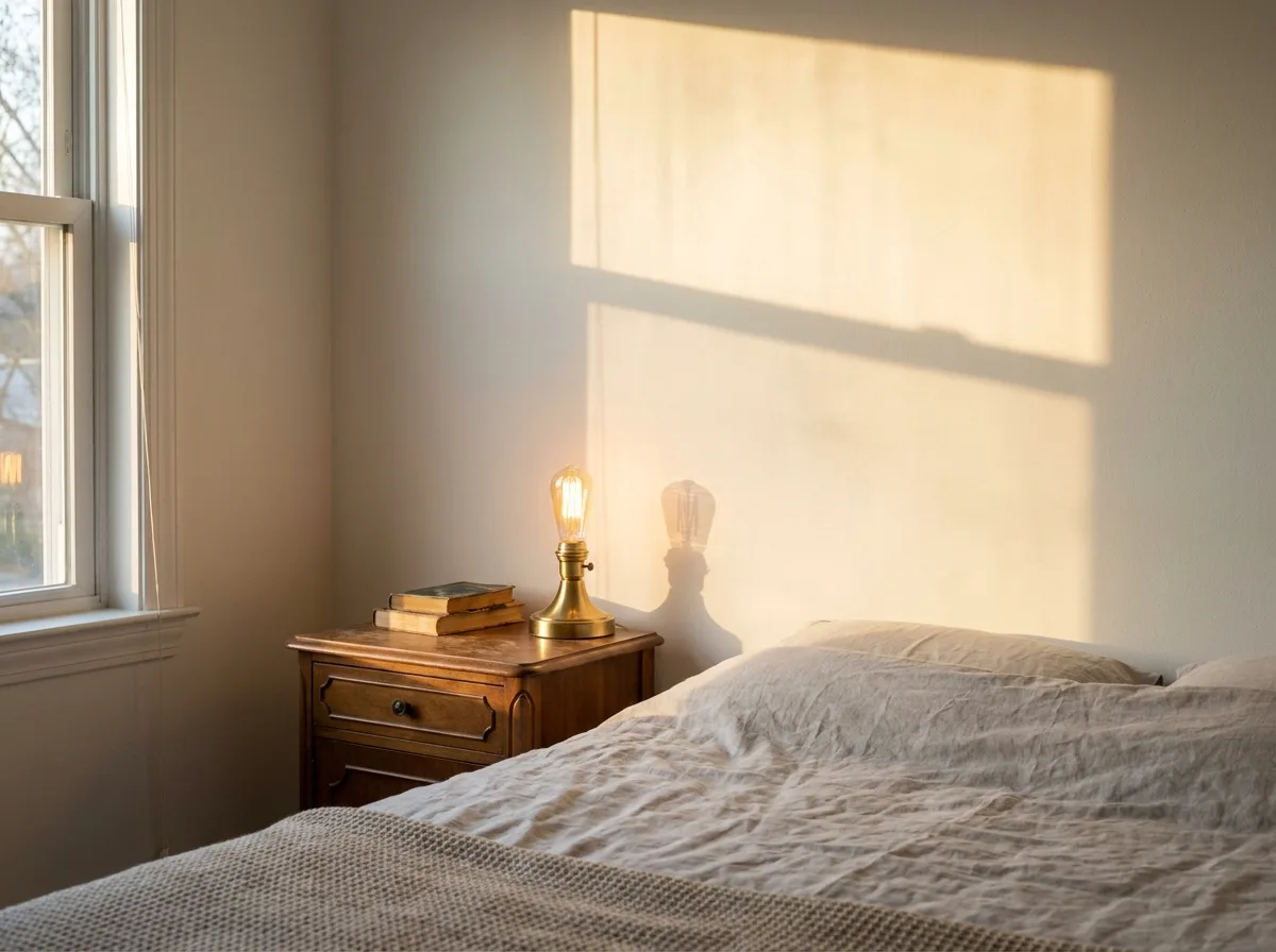 Warm white wall with golden afternoon sunlight from a window in a quiet bedroom corner