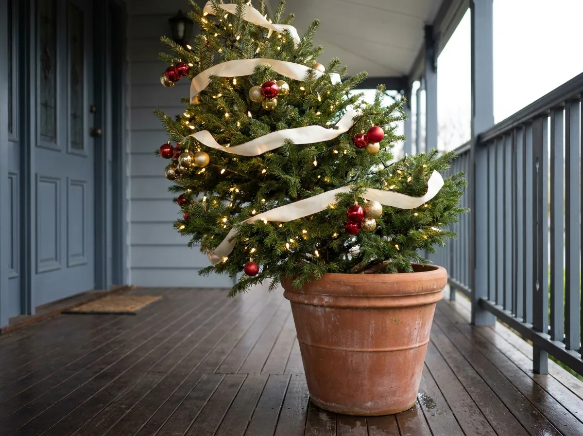 Weatherproof christmas tree decorations on a small potted porch tree with outdoor lights