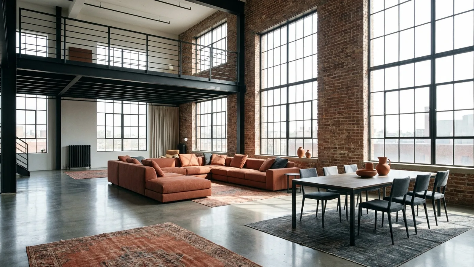 What is a loft: a tall open apartment with a mezzanine and brick wall
