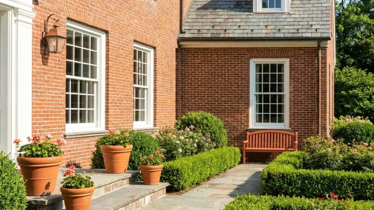 White double hung windows with colonial grids on a red brick house in daylight