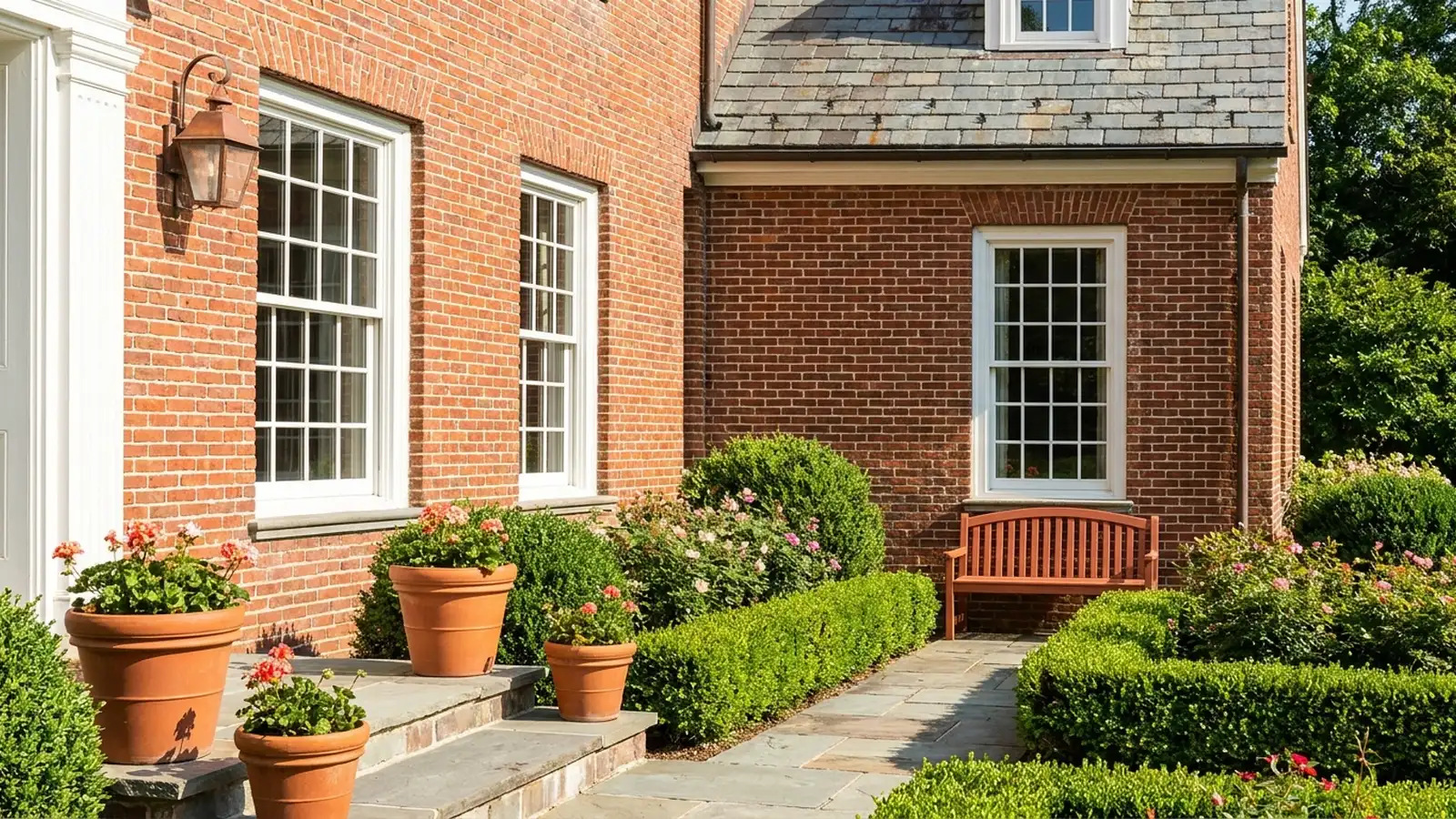 White double hung windows with colonial grids on a red brick house in daylight