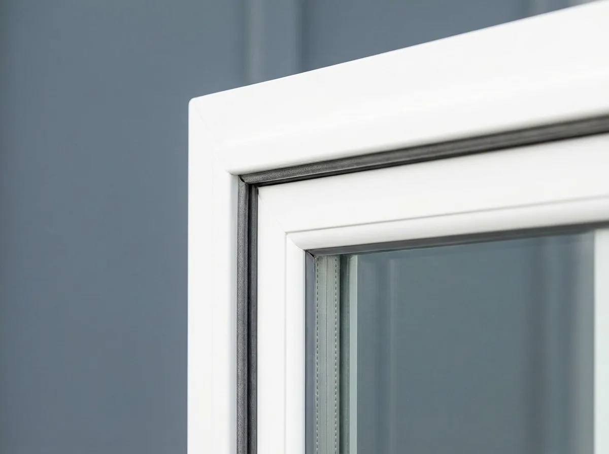 White fiberglass casement window frame corner with double-pane glass and weatherstripping