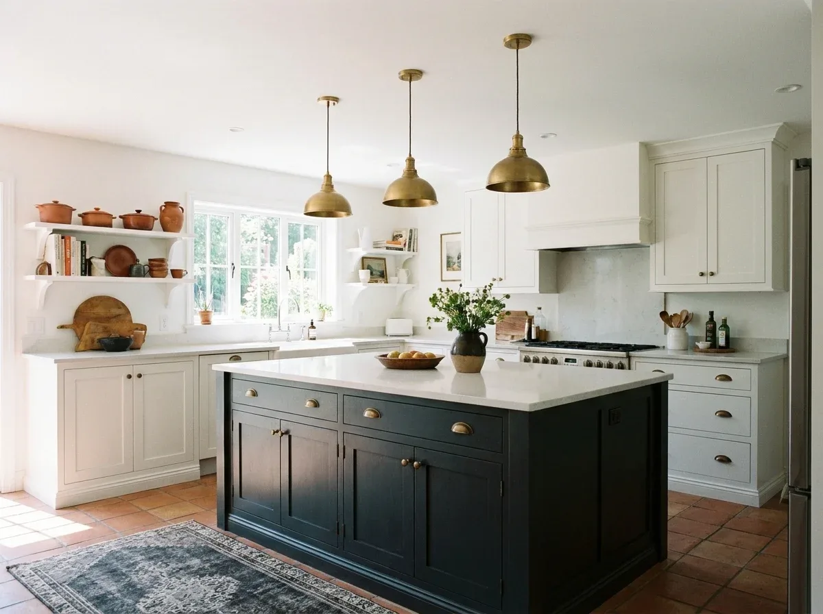 Sherwin Williams Iron Ore: Where It Works and Where It Fails 4 White kitchen with a dark charcoal island, brass pendant lights and terracotta floor tiles