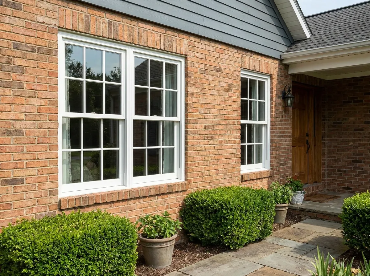 White vinyl double hung windows on a brick house with trimmed shrubs below