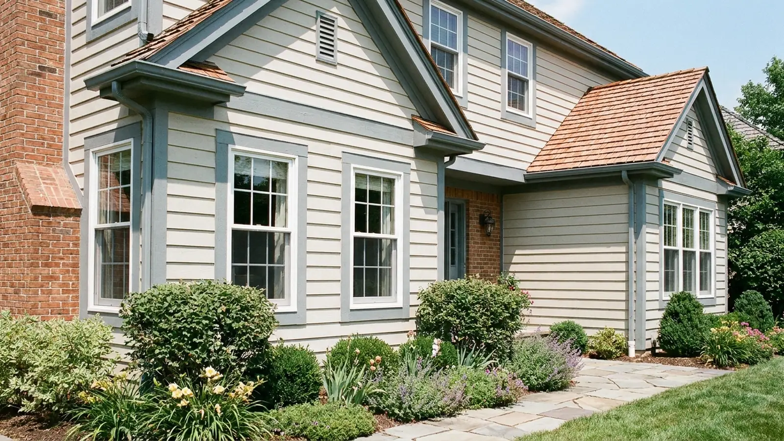 White vinyl windows on a suburban home exterior in bright natural daylight