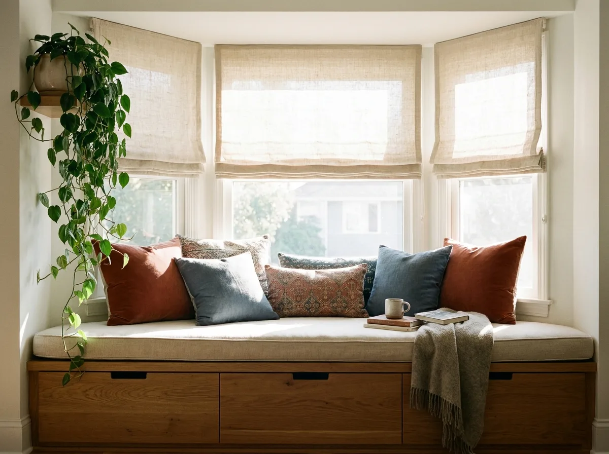 Window seat nook with Roman shades, storage drawers and a trailing plant