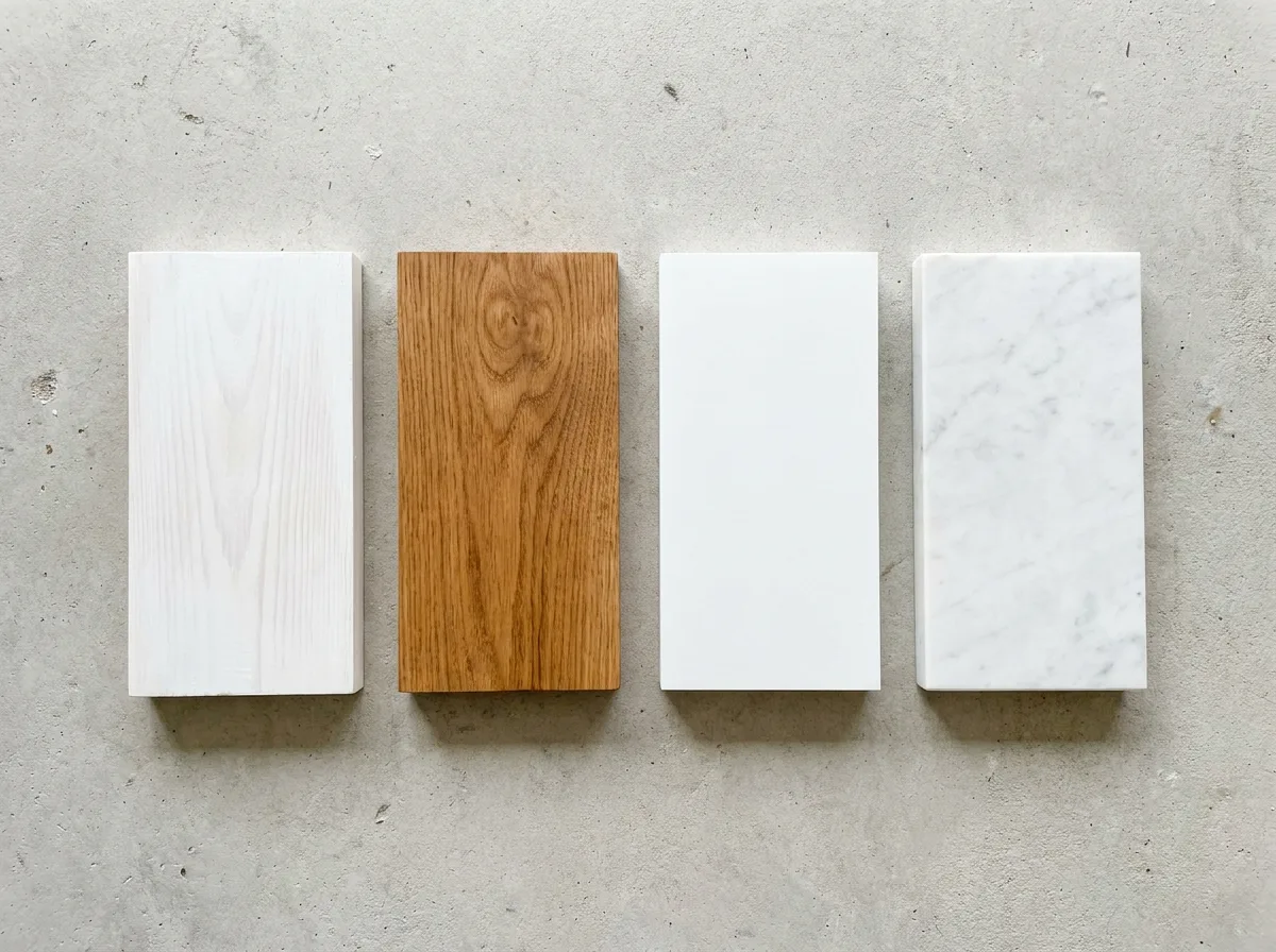 Window sill material samples including oak, painted pine, PVC and marble