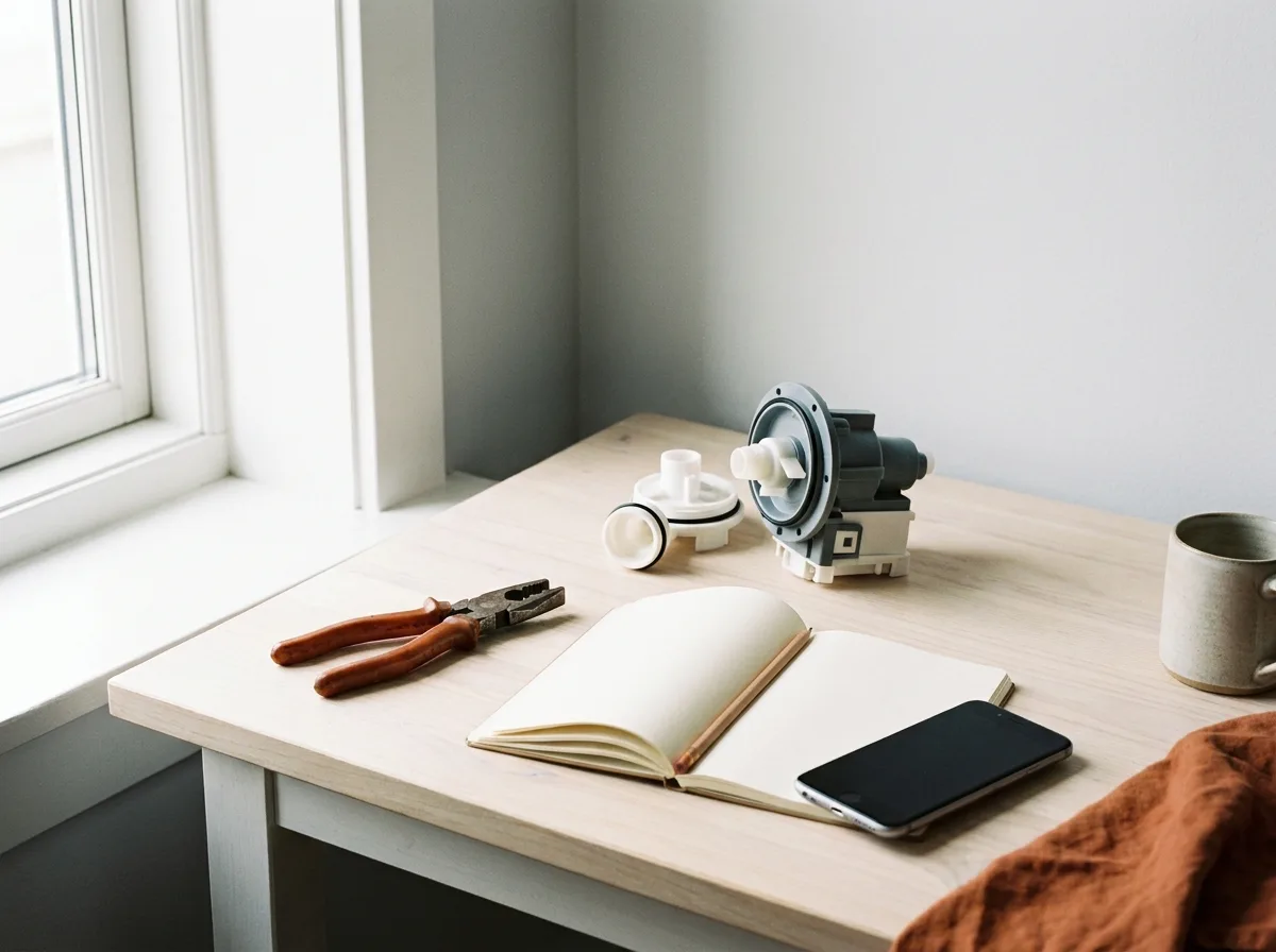 Workbench with a washer drain pump, pliers and notepad for matching a part to a symptom