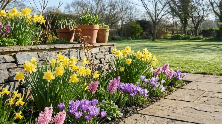 Yellow daffodils, purple crocus and pink hyacinth blooming beside a stone walkway in a spring garden
